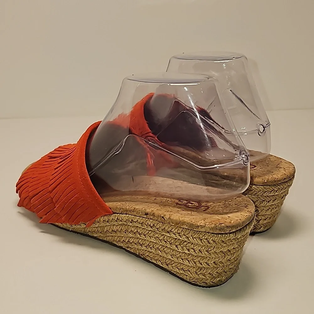 UGG Kendra Wedge Sandals Slides Espadrilles Suede Leather Fringe Cork Orange 7